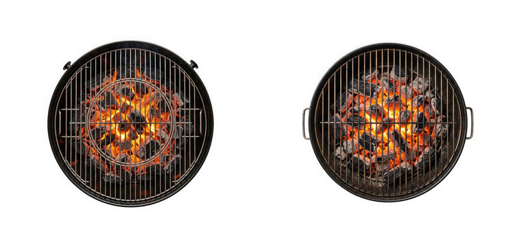 Top view of charcoal burning in a round barbecue grill, isolated on transparent background
