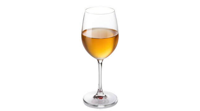 A single elegant glass filled with golden white wine for a celebration or dinner party toast isolated on transparent background