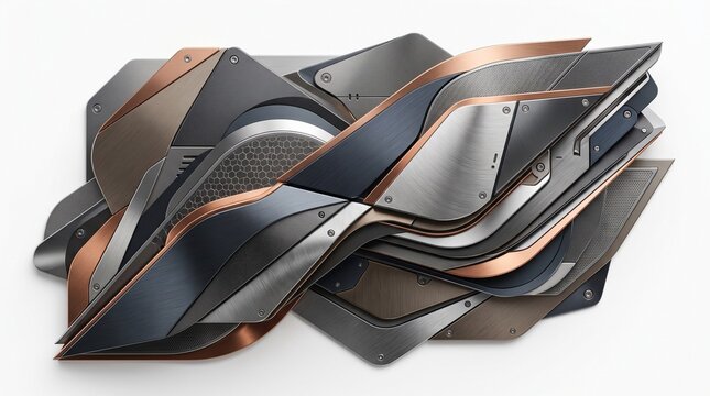 Abstract metal texture composition. Industrial steel and copper plates on white background.