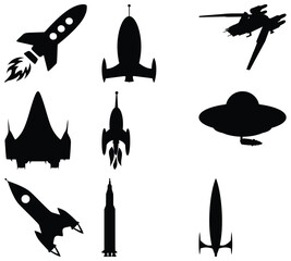A collection of black silhouettes featuring various space rockets, starships, and flying saucers isolated on a plain white background © Shaidul
