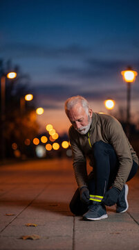 Senior runner fastening reflective safety band around ankle outdoors before evening exercise, authentic active aging concept showing independence value value value value value value