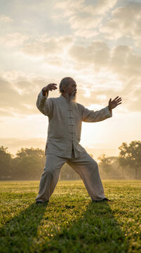 Senior man practicing tai chi outdoors in peaceful park during golden sunrise, authentic active aging concept showing independence confidence value value value value value value value