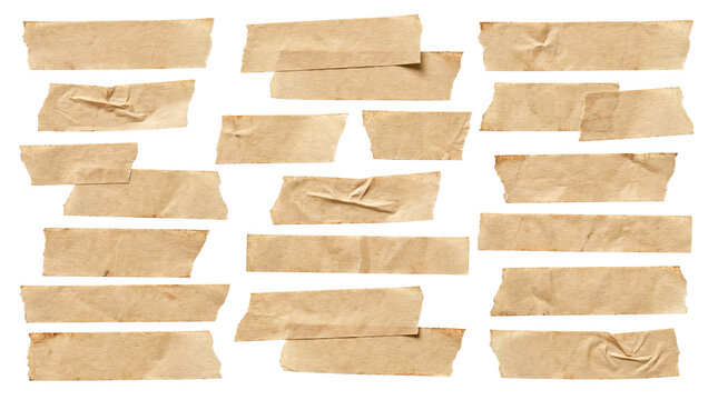Brown kraft paper masking tape strips on white background