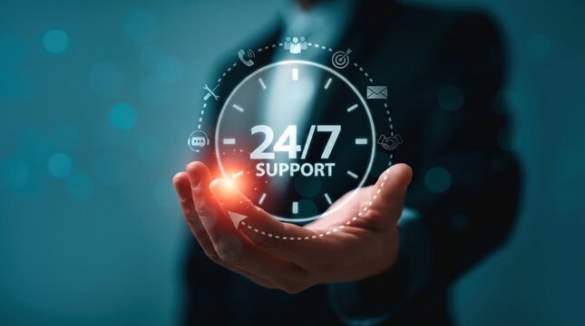 Twenty four seven support service concept with clock icon and communication symbols, customer care assistance available anytime, helpdesk hotline and technical support availability