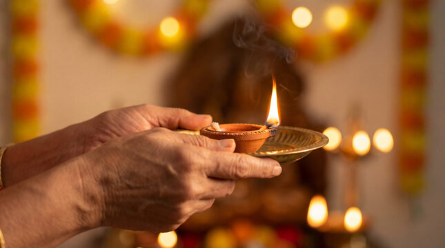Hands holding burning clay oil lamp during festive Hindu celebration, Diwali ritual, prayer, spiritual devotion, cultural tradition, warm ceremonial light, suitable for editorial themes,