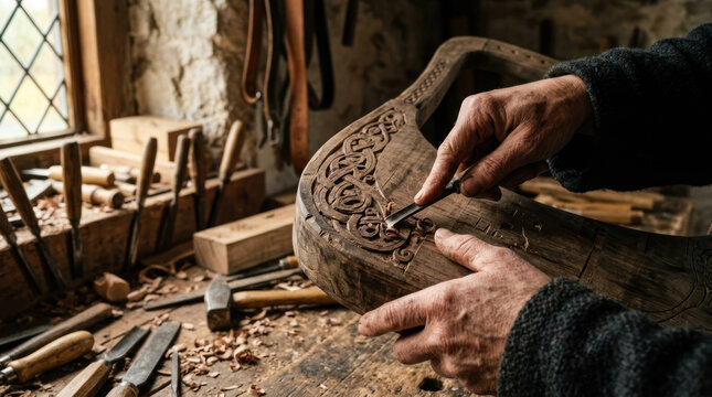 Artisan carving intricate Celtic knotwork into a wooden object.