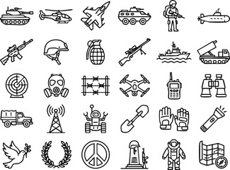Obraz premium Military and army equipment line icon set for defense operations with military helicopter tactical protection