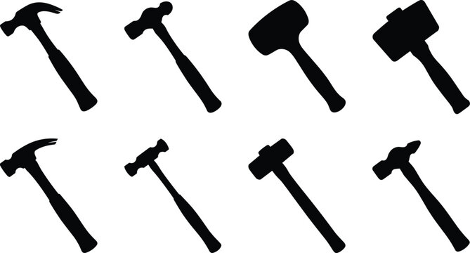 Hammer and Mallet Hand Tool Silhouette Icon Set Isolated on White Background