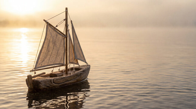 Handcrafted wooden sailboat model floating on calm water at sunset with copy space representing journey freedom exploration peaceful adventure suited for campaigns about lifestyle wellness