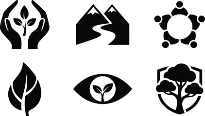 Fototapeta premium Black eco conservation icons set featuring hands holding plant, mountains path, teamwork circle, leaf, eye with plant, and tree shield illustration