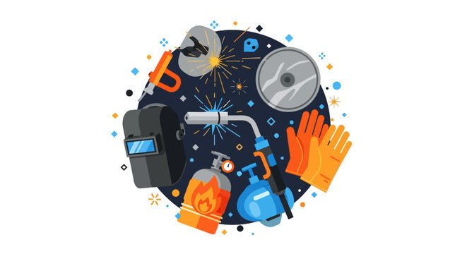 Professional Welding Equipment and Industrial Metalworking Tools Flat Vector Illustration