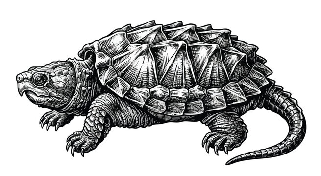 Detailed black and white illustration of a snapping turtle