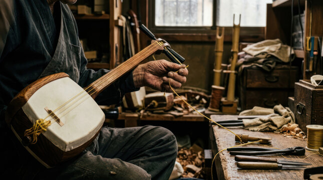 Artisan crafting a traditional Japanese shamisen instrument in workshop.