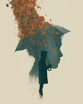 A person stands holding an umbrella, their silhouette filled with autumn leaves, symbolizing strength during the rainy season in a serene environment.