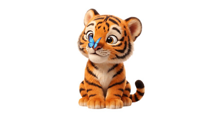 Obraz premium A cute cartoon tiger cub sitting with a small blue butterfly on its nose presented as an isolated on transparent background