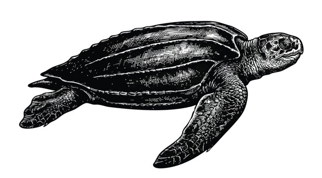 Vintage black and white illustration of a leatherback sea turtle