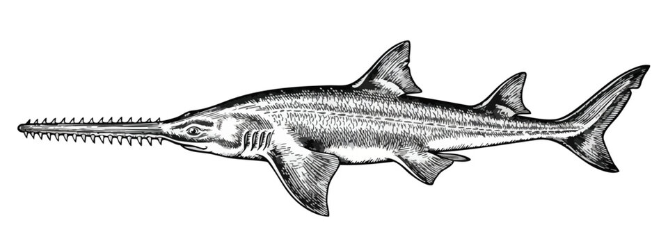 Detailed black and white illustration of a sawfish in vintage style