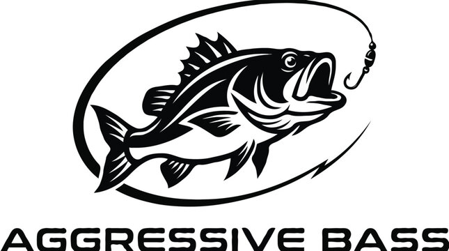 Aggressive bass fishing logo vector black and white largemouth bass biting hook