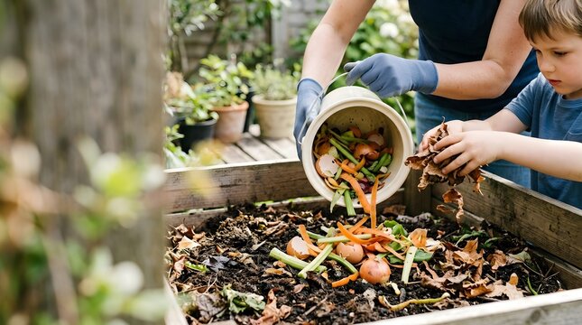 Mother and young son working together to compost organic kitchen waste in a wooden garden bin for sustainable living and education.