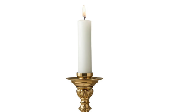 Tall lit candle on ornate golden candlestick