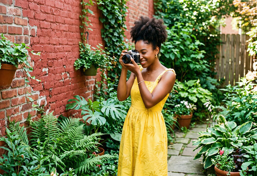 black woman in yellow dress next to the red wall .taking photos with retro camera of green plants