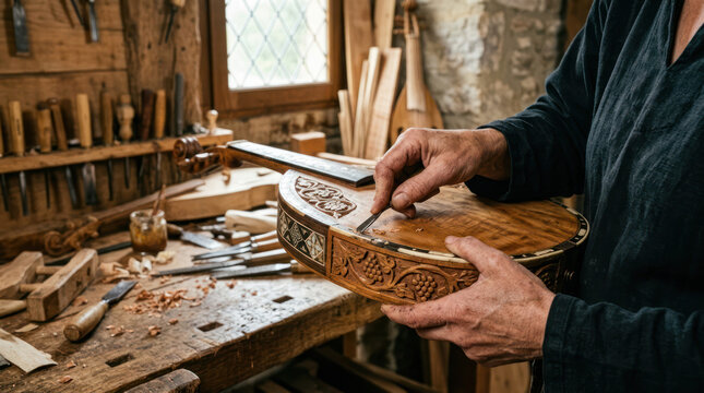 Artisan meticulously carving intricate details into a wooden instrument.