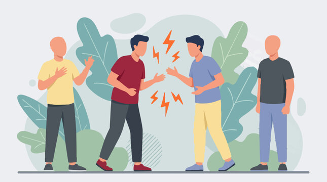 Illustration of men arguing with lightning bolts, while others observe