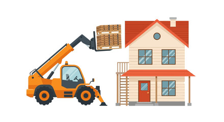 Obraz premium Telehandler Heavy Machinery Lifting Bricks at a Residential House Construction Site, Vector Illustration