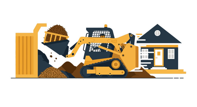 Compact Skid Steer Loader Working on Residential House Landscaping Project - Flat Vector Illustration of Heavy Construction Machinery and Earthmoving