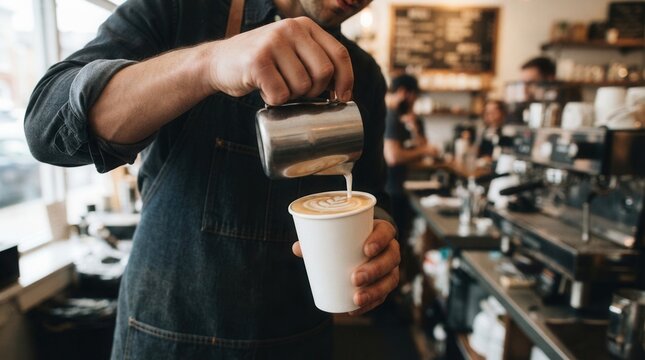 Professional Barista Creating Intricate Latte Art in Busy Coffee Shop with Skillful skillfully preparing a takeaway