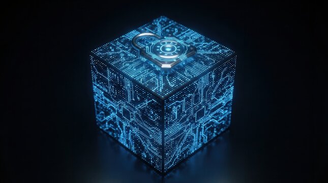 Secure digital vault box with circuit board patterns and glowing blue holographic featuring