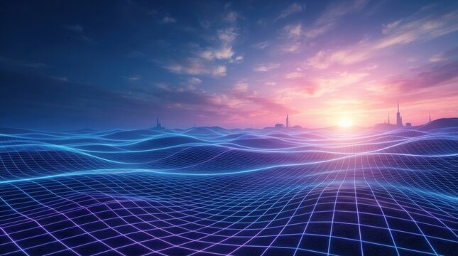 Futuristic digital landscape with glowing blue energy waves, neon grid floor, and waves