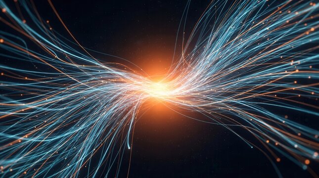 High-speed internet connectivity concept with glowing fiber optic trails and shimmering particles Abstract digital data transmission background orange