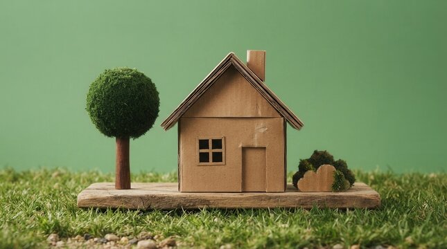 Green Eco-Friendly Wooden House Model on Grass with Trees for Sustainable Real