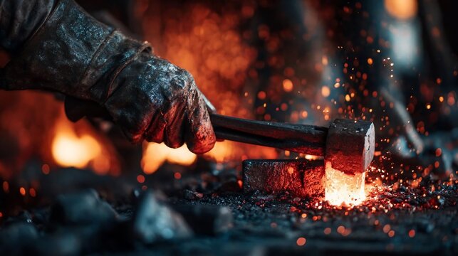 Blacksmith hand holding tongs with glowing hot metal forging in workshop