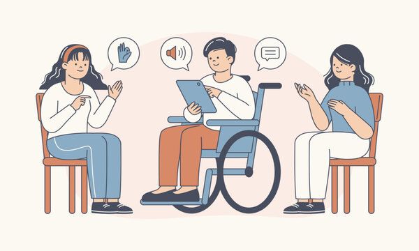Non-Disabled Person Communicating with Disabled Individual Naturally Focusing on Friendly Smile and Eye Contact Vector