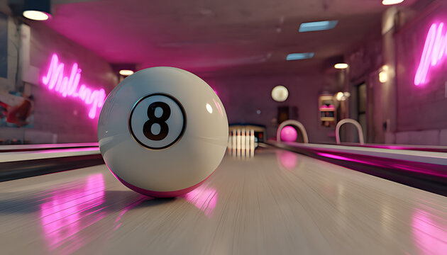 a white billiard ball with the number 8 rolling down
