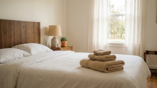 Beige fleece blanket on hotel bed with sunlight, invoking coziness, comfort, and Folded resting