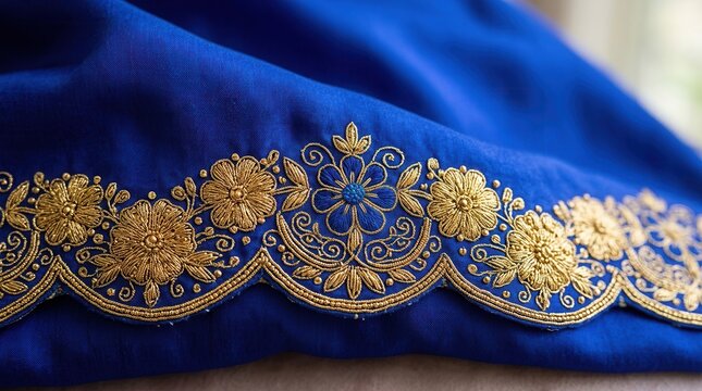 Intricate blue and gold embroidered textile pattern with scalloped fan shapes Close up detail