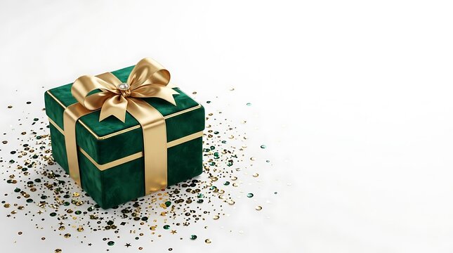 A single elegant green gift box wrapped with a gold ribbon and bow sitting on a white surface with sparkling festive confetti scattered around