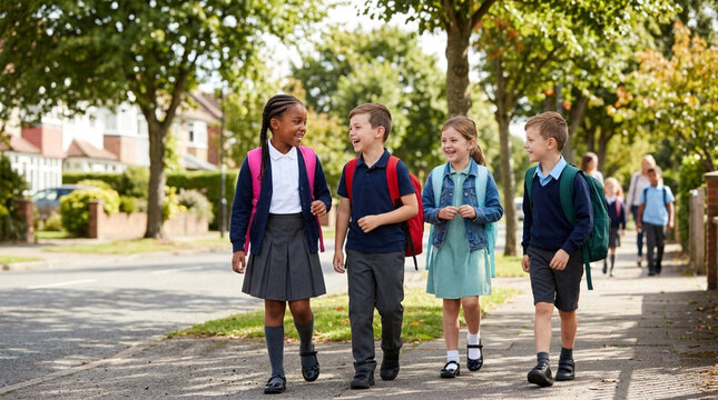 Four diverse primary school children walking together along a suburban sidewalk wearing school uniforms and backpacks while laughing and talking together on a bright sunny day.