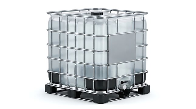 Large plastic water tank in a metal cage frame for industrial liquid storage