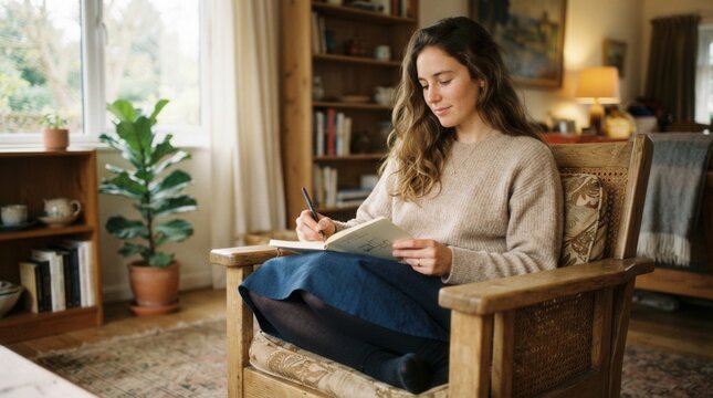 Close-up vertical shot of a woman holding and writing in notebook closeup image