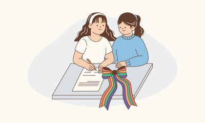 Same Sex Couple Signing Marriage Equality Document with Rainbow Ribbon Representing Love Vector