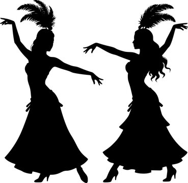 Black silhouettes of two cabaret showgirls in feathered headdresses and tiered dresses - design for carnival party invitations, dance studio posters, and retro theater flyers. Transparent EPS version.