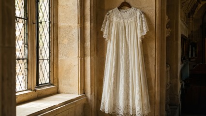 Naklejka premium Baptismal gown vintage lace in gentle diffused light with elegant frontal view and modern stock
