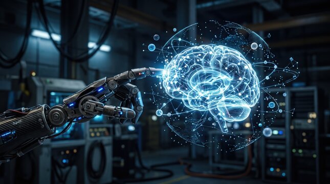 Robotic arm touching digital artificial intelligence brain network in industrial server room, symbolizing machine learning automation neural computing technology future innovation