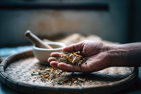 Hand holding traditional herbal medicine ingredients