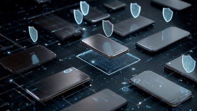 Digital security shields hovering above smartphones. Artificial intelligence image