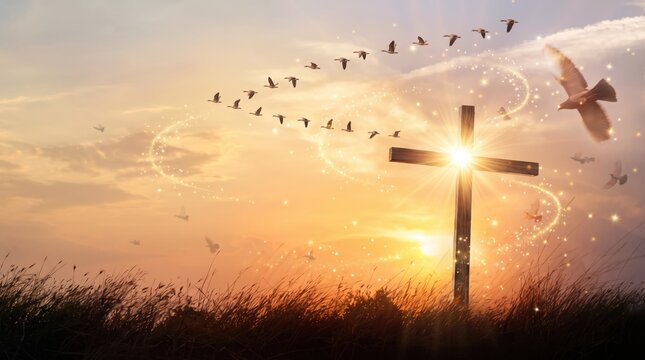 Wooden cross silhouette against golden sunrise sky with flock of birds flying in formation, spiritual hope and freedom concept background for religious faith themes.